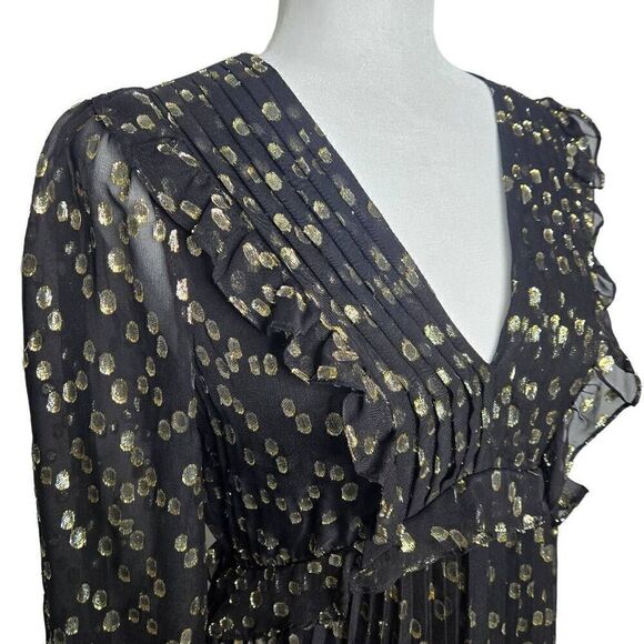 A loves A Silk Metallic Gold Black Long Sleeve Babydoll Layered Dress Size Small - Picture 4 of 12